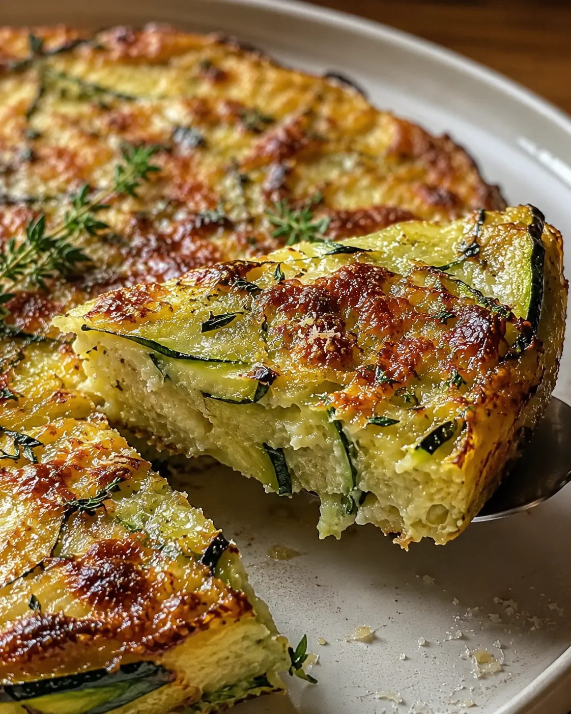 Close-up of a golden-brown zucchini scarpaccia with crispy edges and fresh herbs