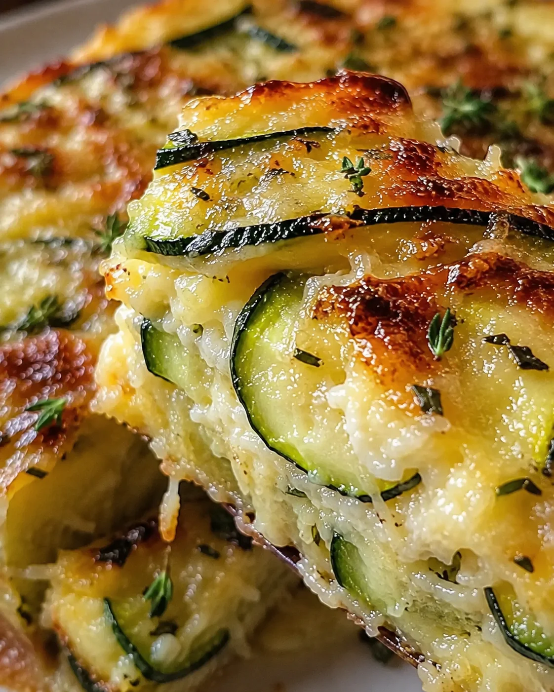 Close-up of a crispy Italian zucchini scarpaccia with zucchini ribbons and golden crust