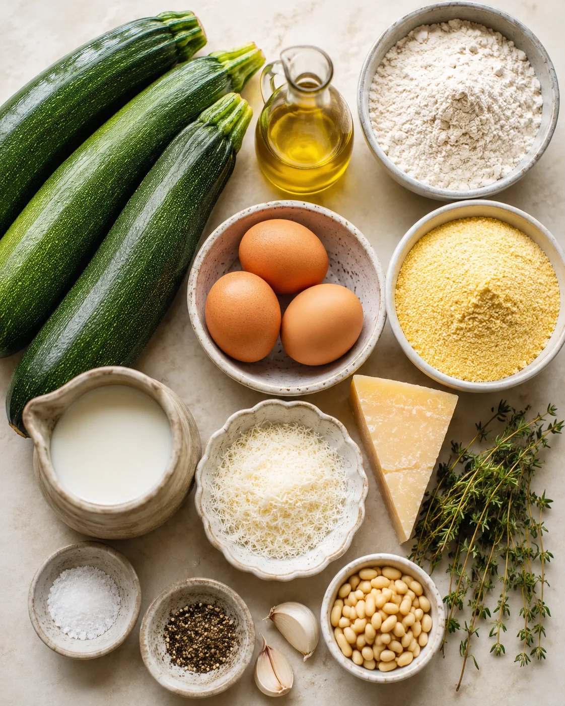 Fresh zucchinis, eggs, cheese, and flour for zucchini scarpaccia preparation.