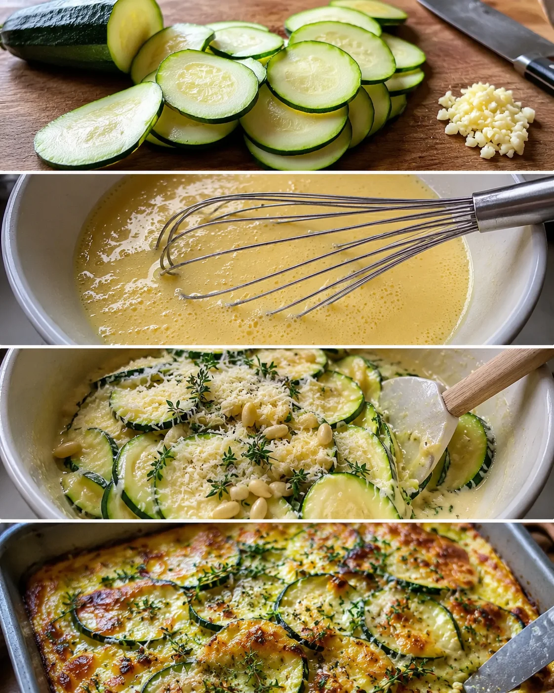 Fresh zucchini slices and batter for savory Italian zucchini scarpaccia baking dish
