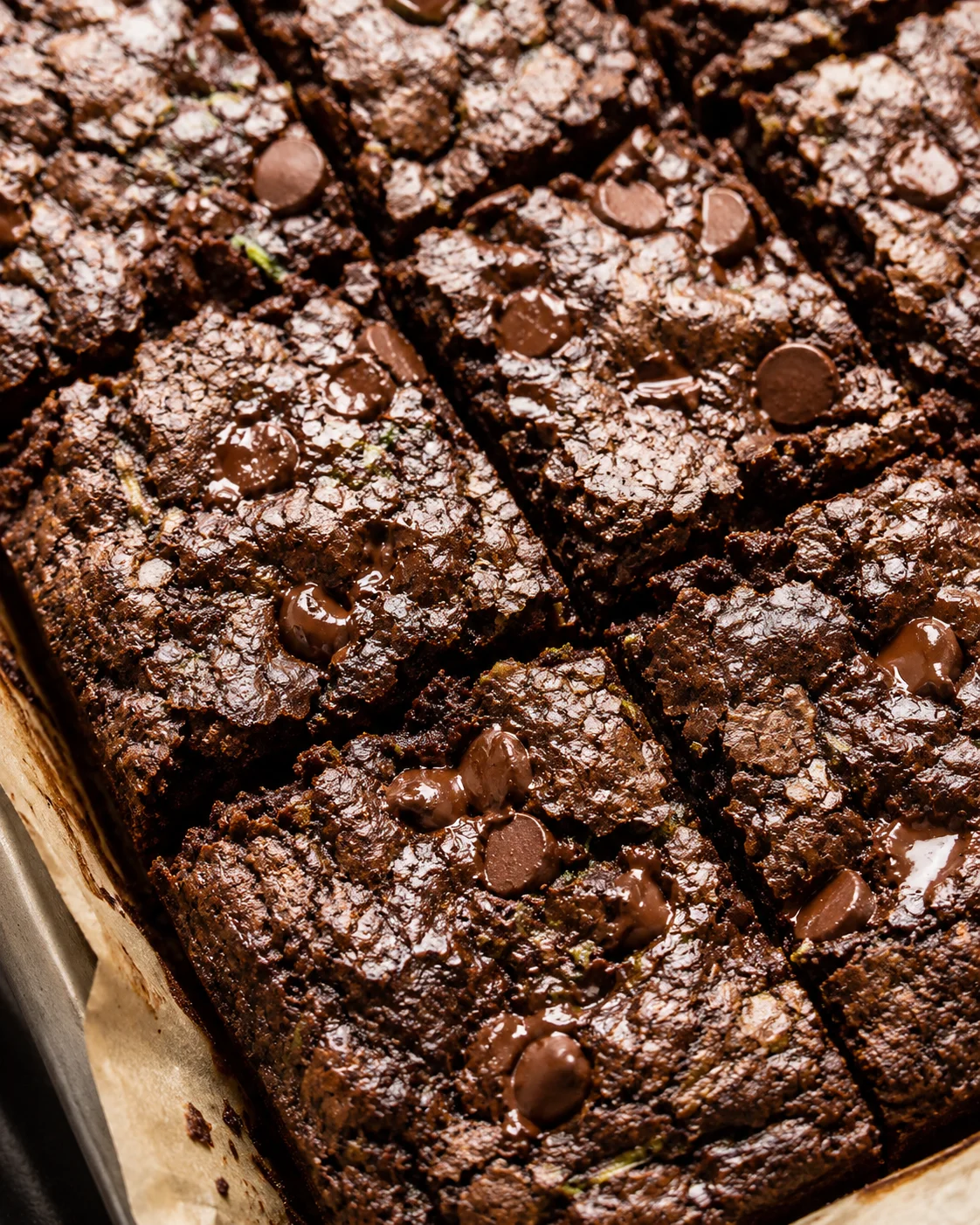 Close-up of fudgy chocolate zucchini brownies topped with chocolate chips.