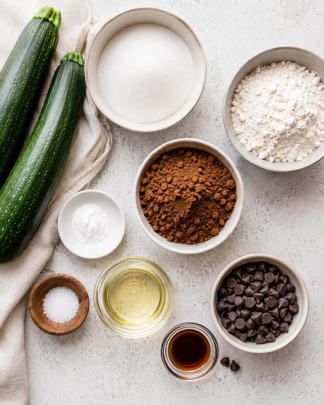 A variety of ingredients for zucchini brownies, including zucchinis, flour, cocoa, and chocolate chips.