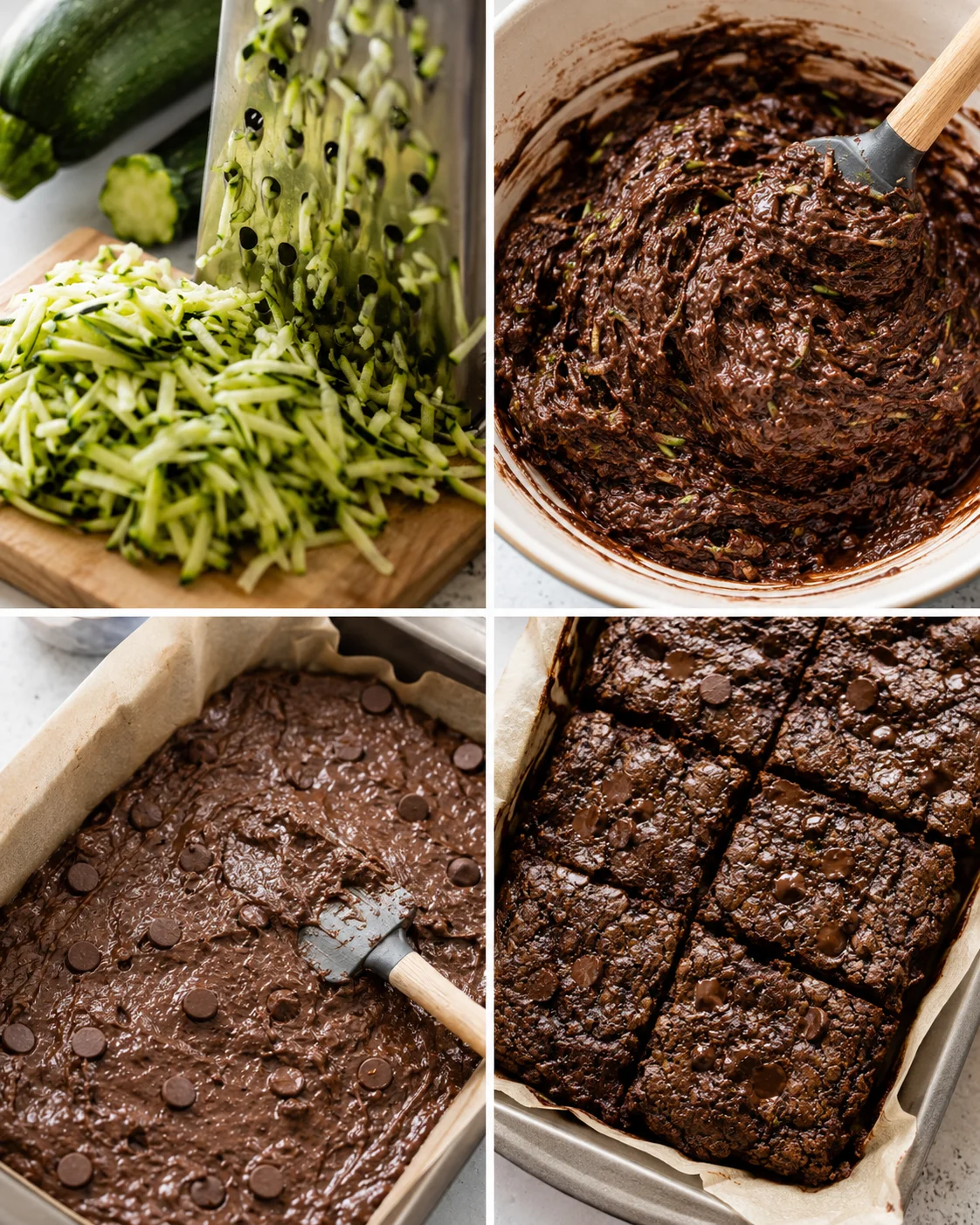 Rich, fudgy zucchini brownies with chocolate chips in a baking pan