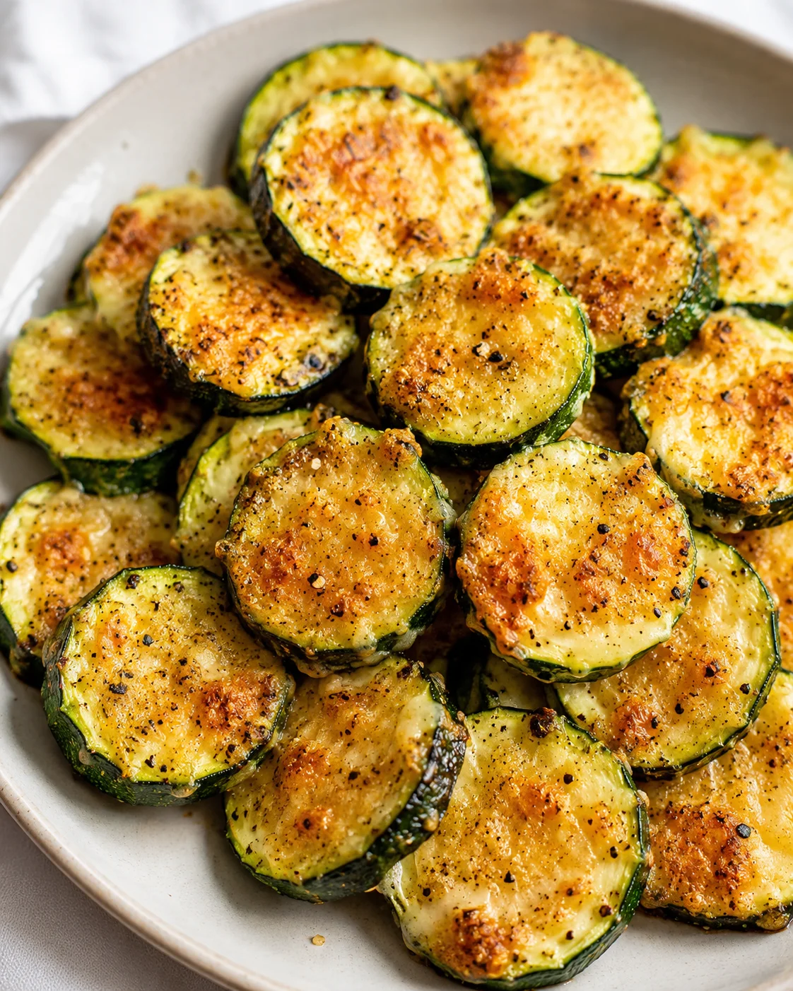 Golden roasted zucchini slices topped with crispy parmesan cheese.