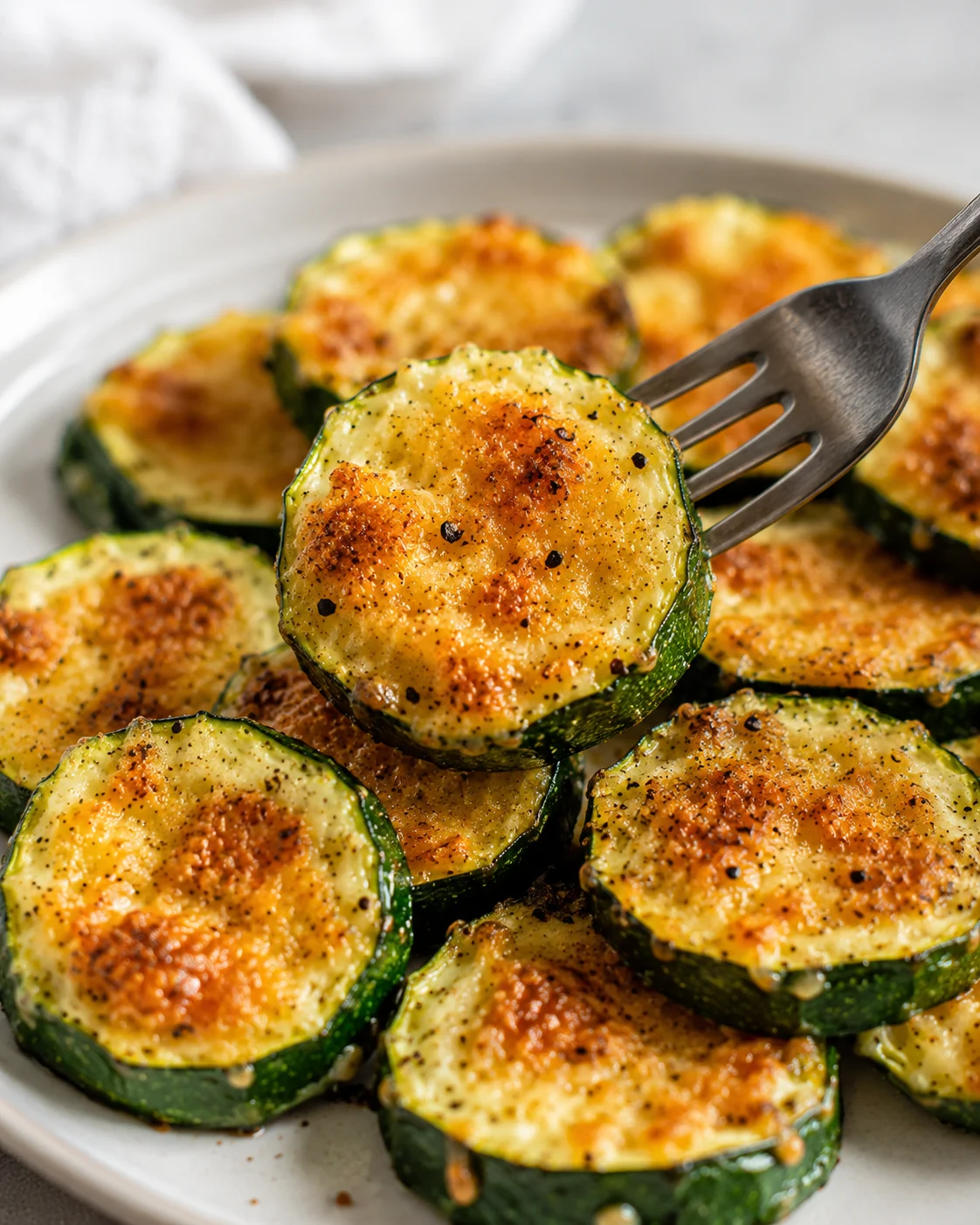 Golden baked zucchini with crispy parmesan topping on a white plate.