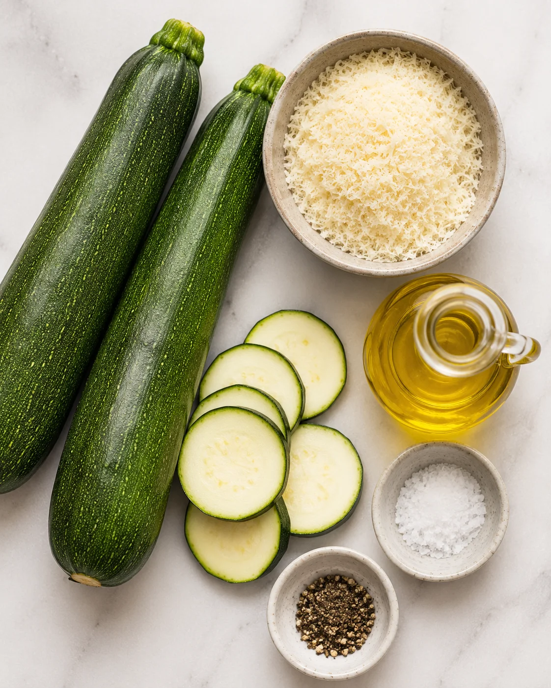 Close-up of fresh zucchini, grated cheese, and olive oil for baking dish