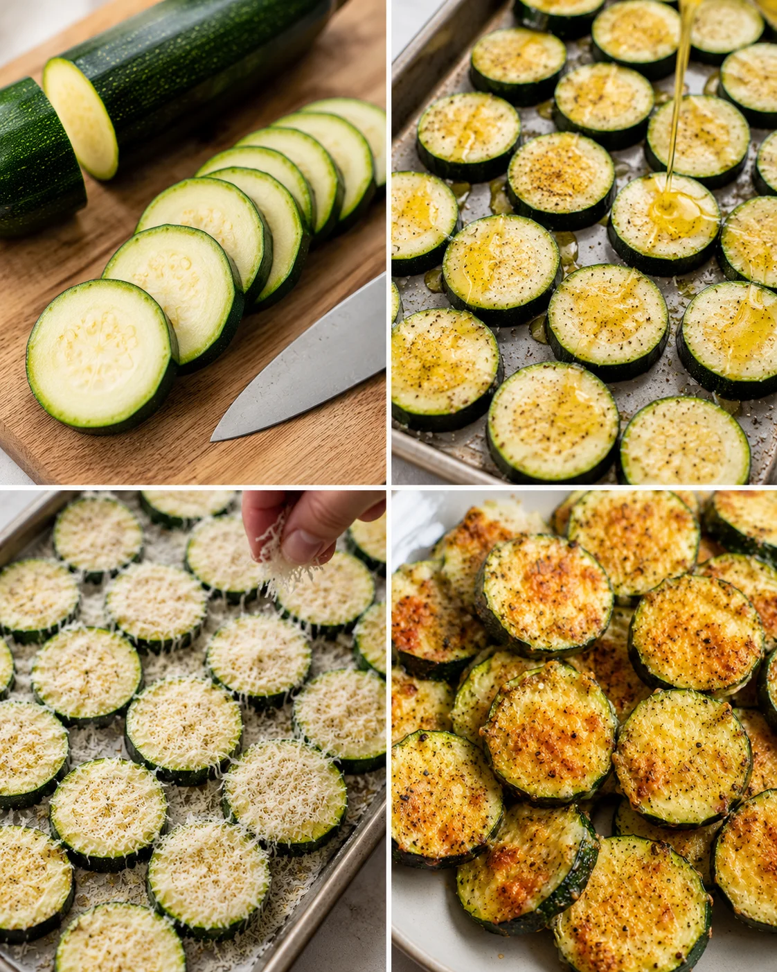 Slices of zucchini topped with parmesan cheese after baking and broiling.