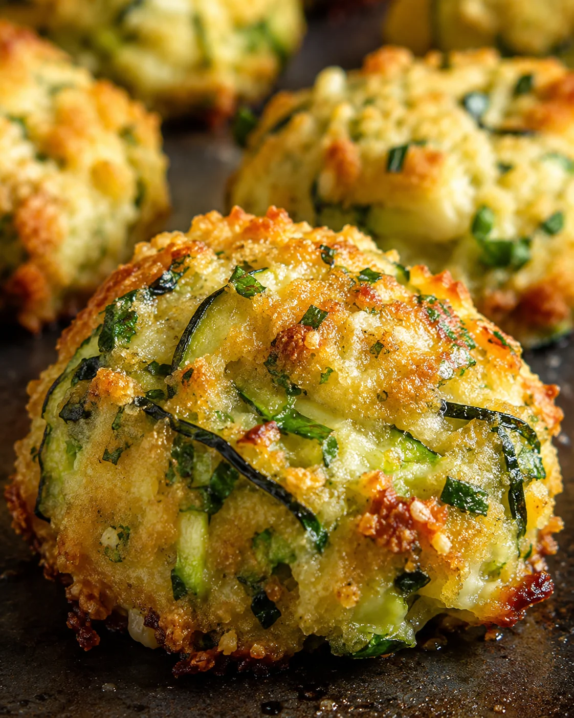Golden, crispy zucchini bites with herbs and cheese on a baking sheet