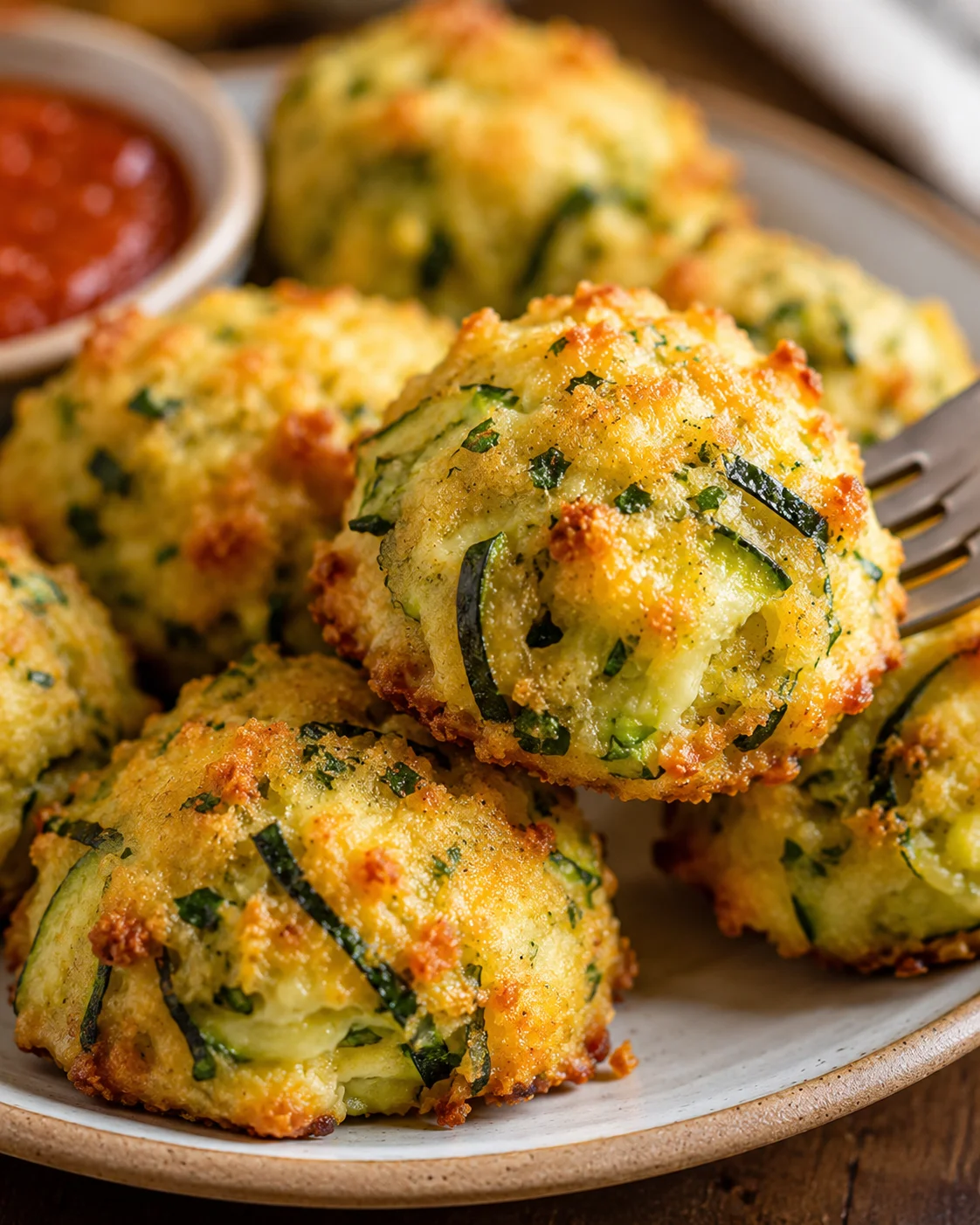 Golden crispy zucchini garlic bites on a plate with dipping sauce