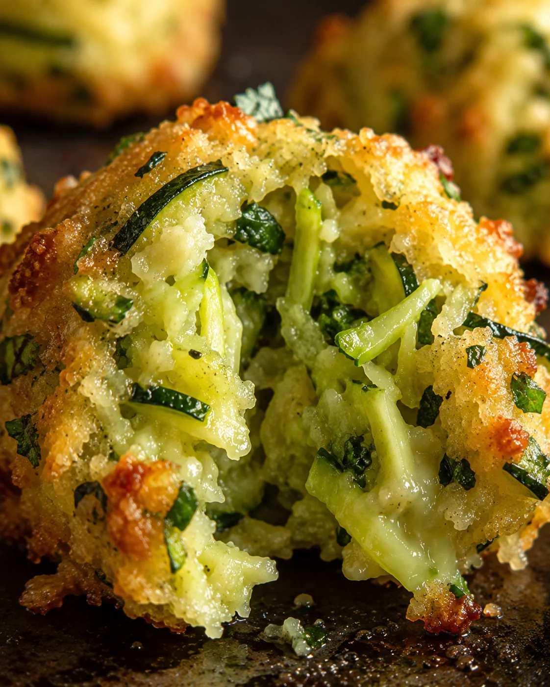 Close-up of golden, crispy zucchini garlic bites with tender insides.
