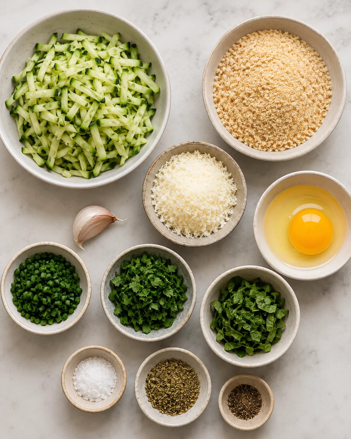 A bowl of shredded zucchini, grated Parmesan, chopped herbs, and garlic for zucchini bites.