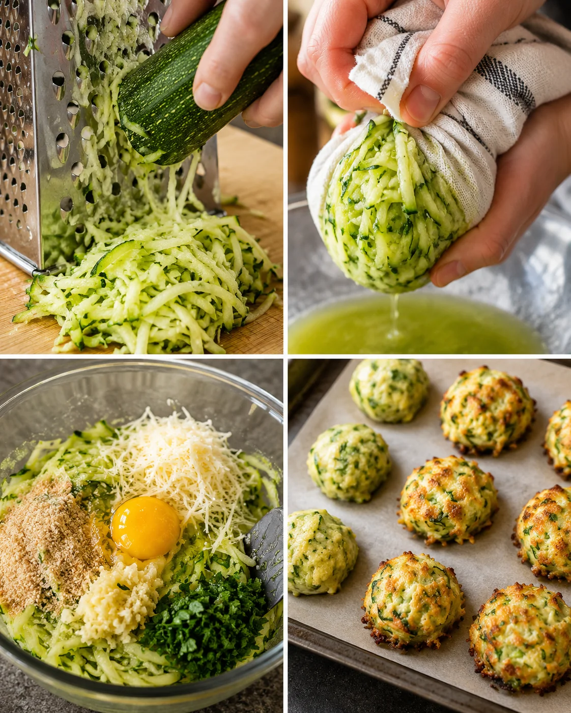 Step-by-step images showcasing shredding zucchini, squeezing moisture, mixing ingredients, and baked bites.