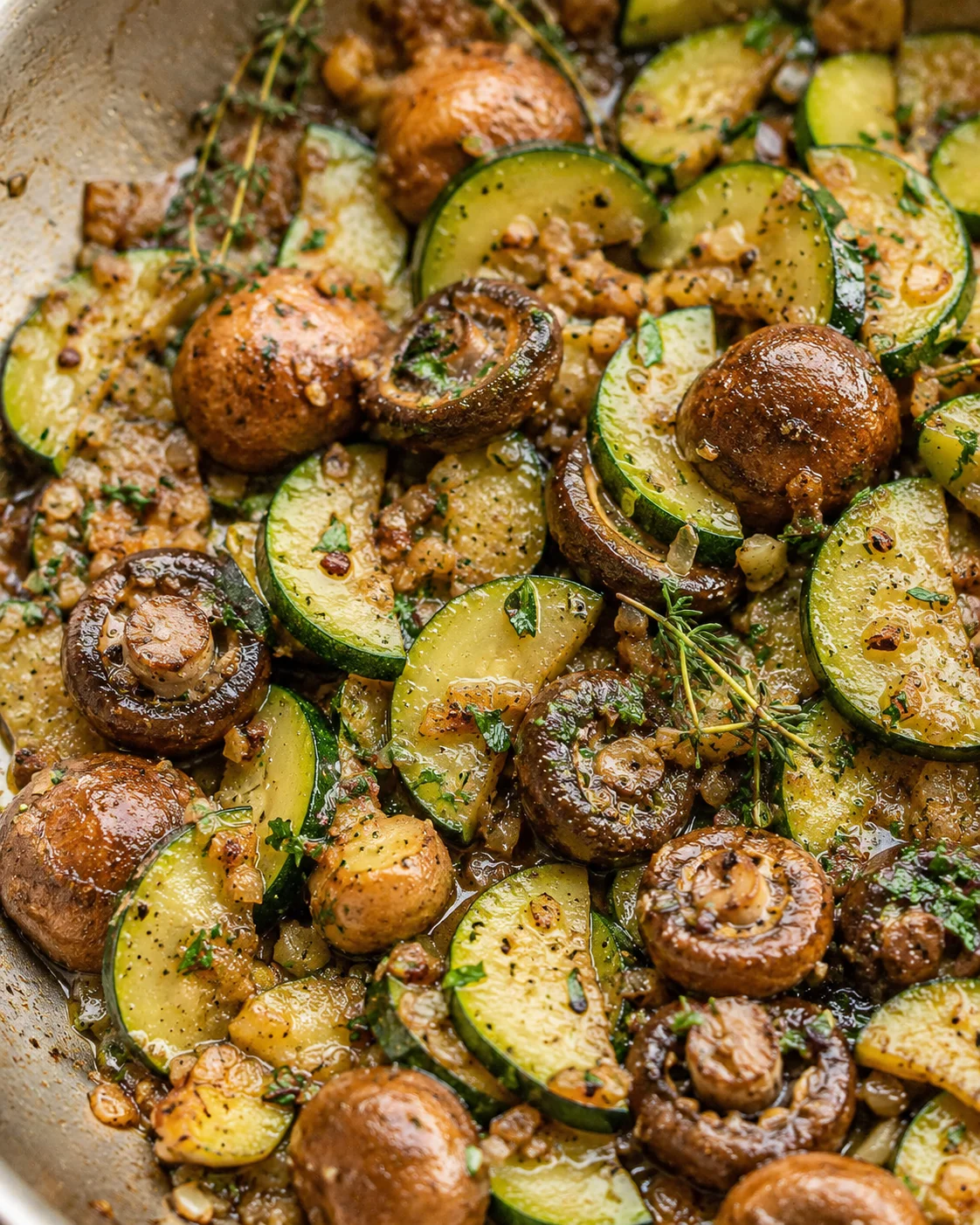Close-up of sautéed zucchini, mushrooms, and herbs in a skillet