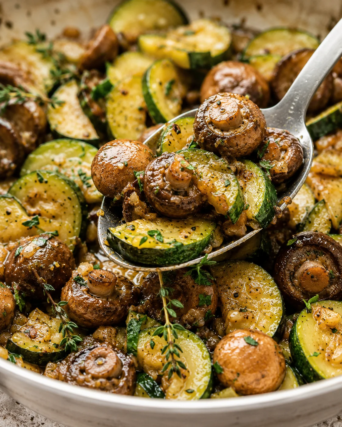 Delicious sautéed zucchini and mushrooms with herbs and garlic in a skillet
