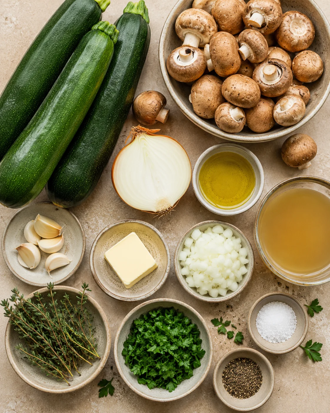Fresh zucchini and mushrooms prepared with herbs and garlic in a skillet.