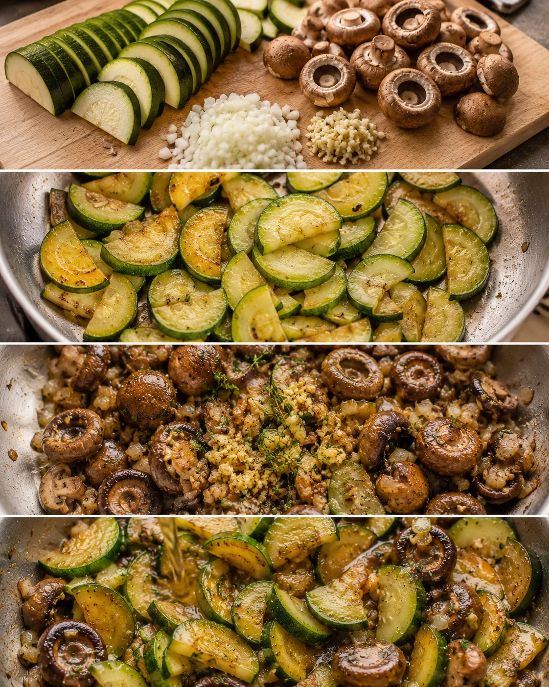 Fresh zucchini and mushrooms being sautéed in a skillet with herbs and garlic.