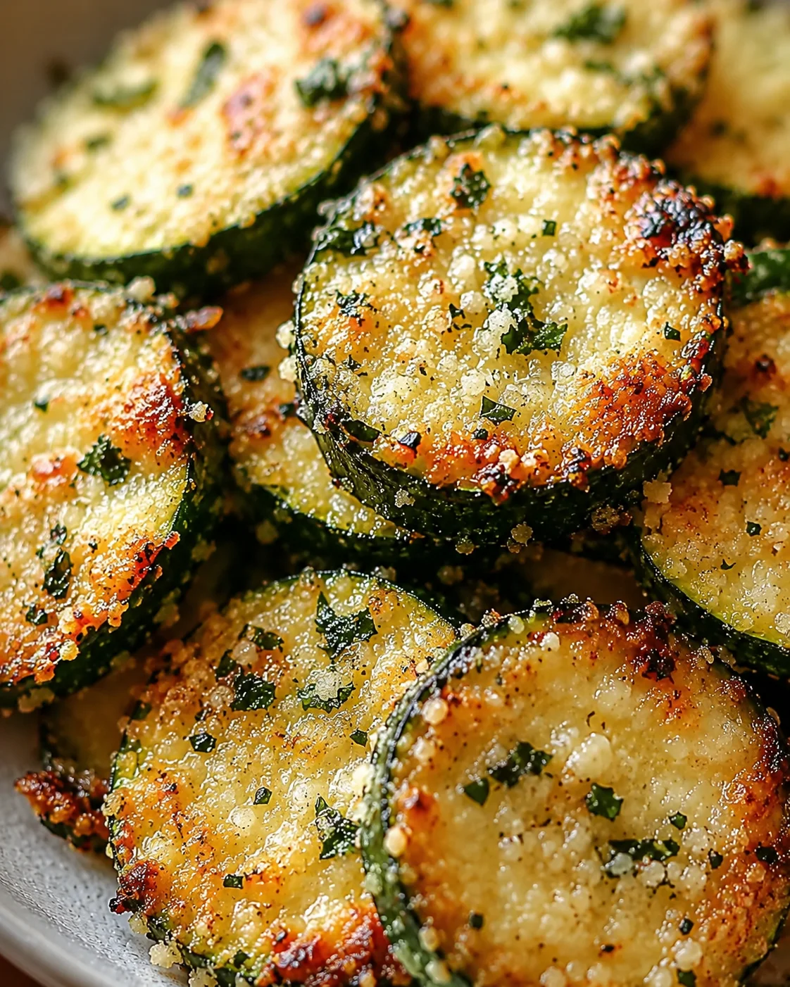 Golden, crispy zucchini slices with garlic and Parmesan cheese on top.