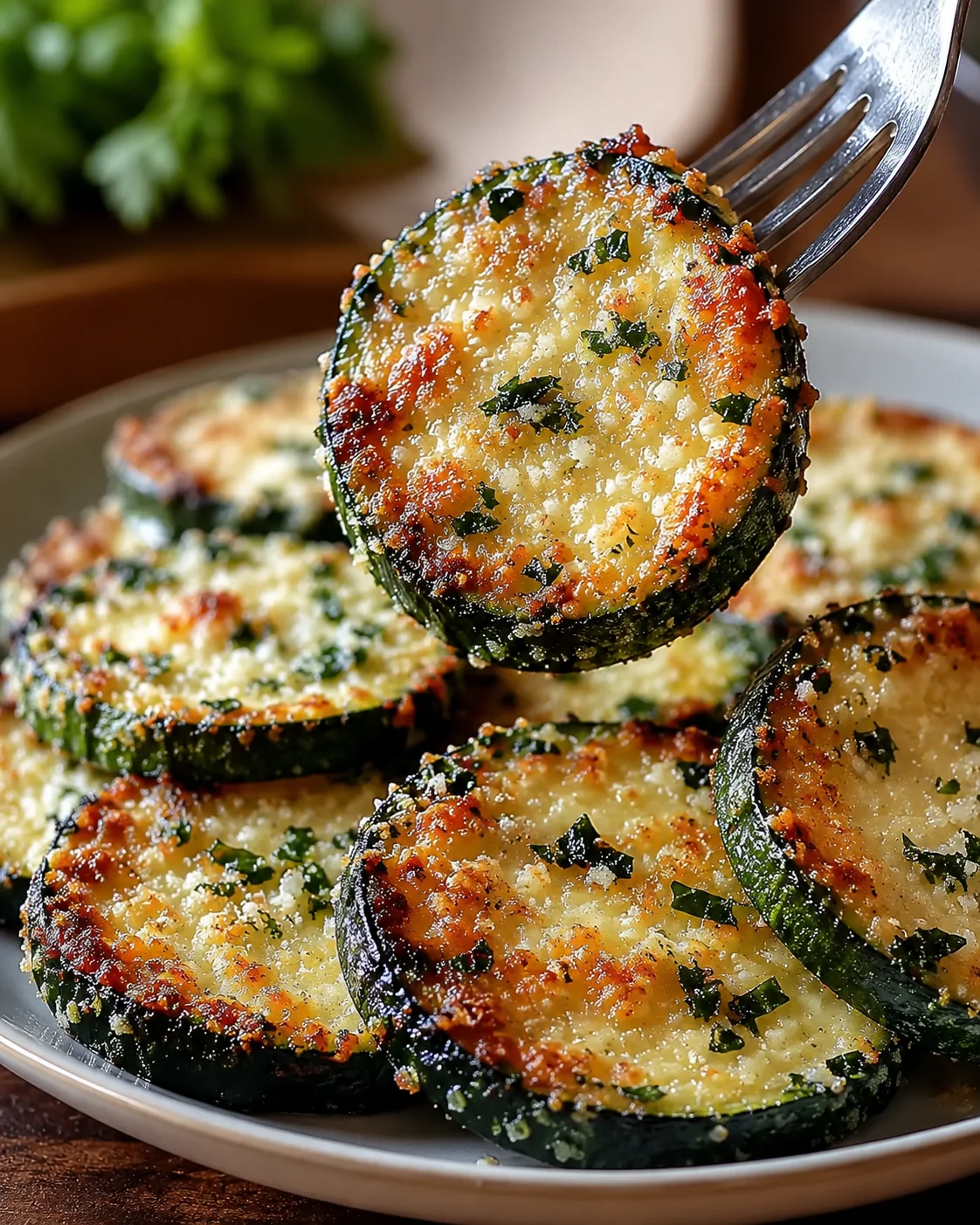 Crispy baked zucchini slices topped with Parmesan and herbs on a serving plate