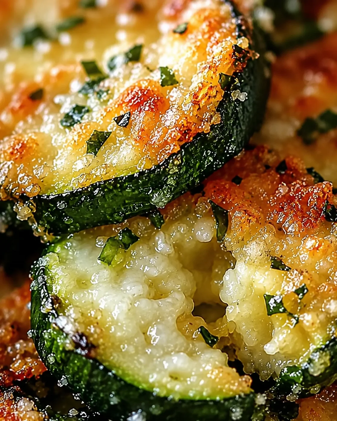Close-up of golden, crispy zucchini slices topped with Parmesan and herbs