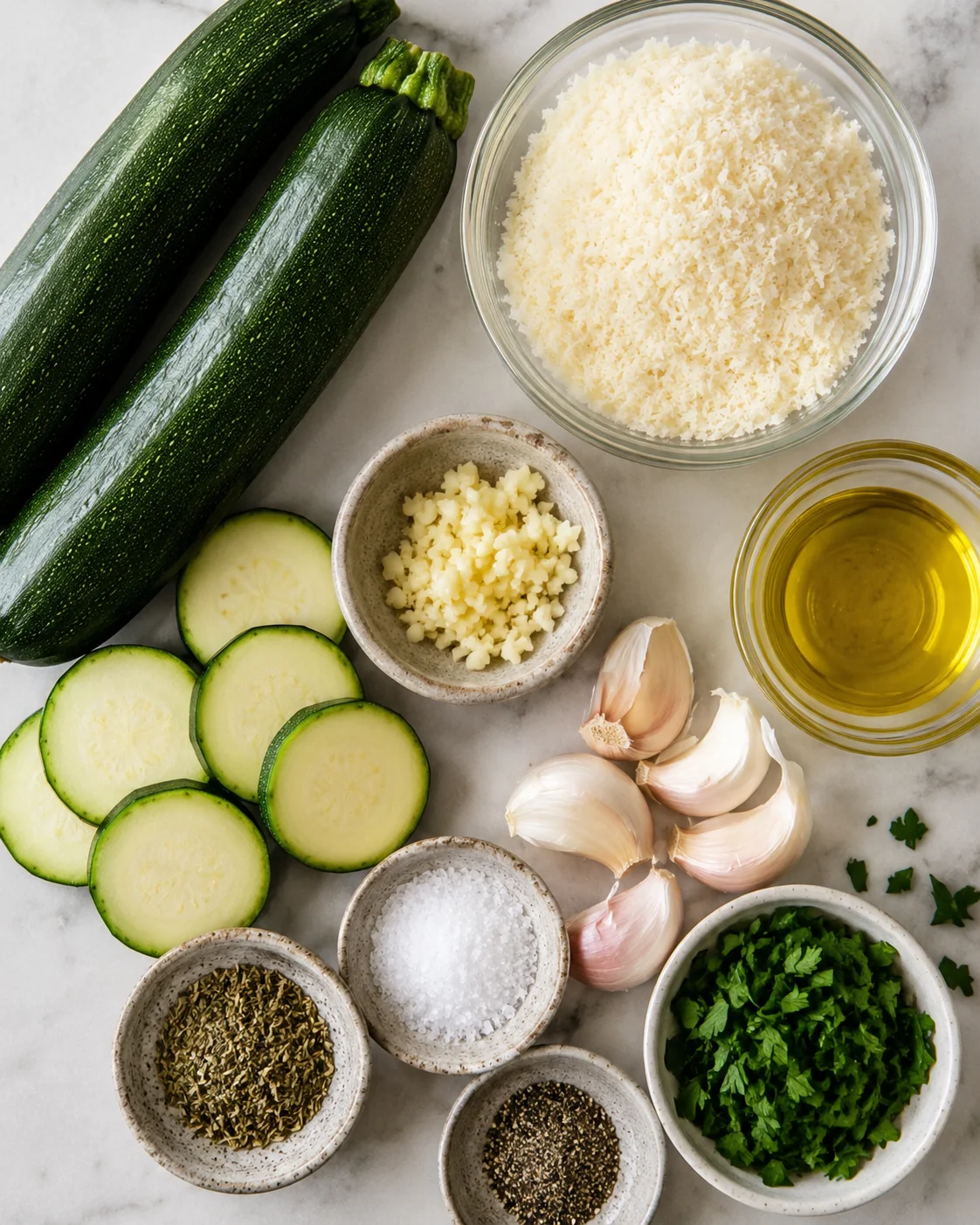 Fresh zucchini slices with garlic, Parmesan, and seasonings on a white surface.