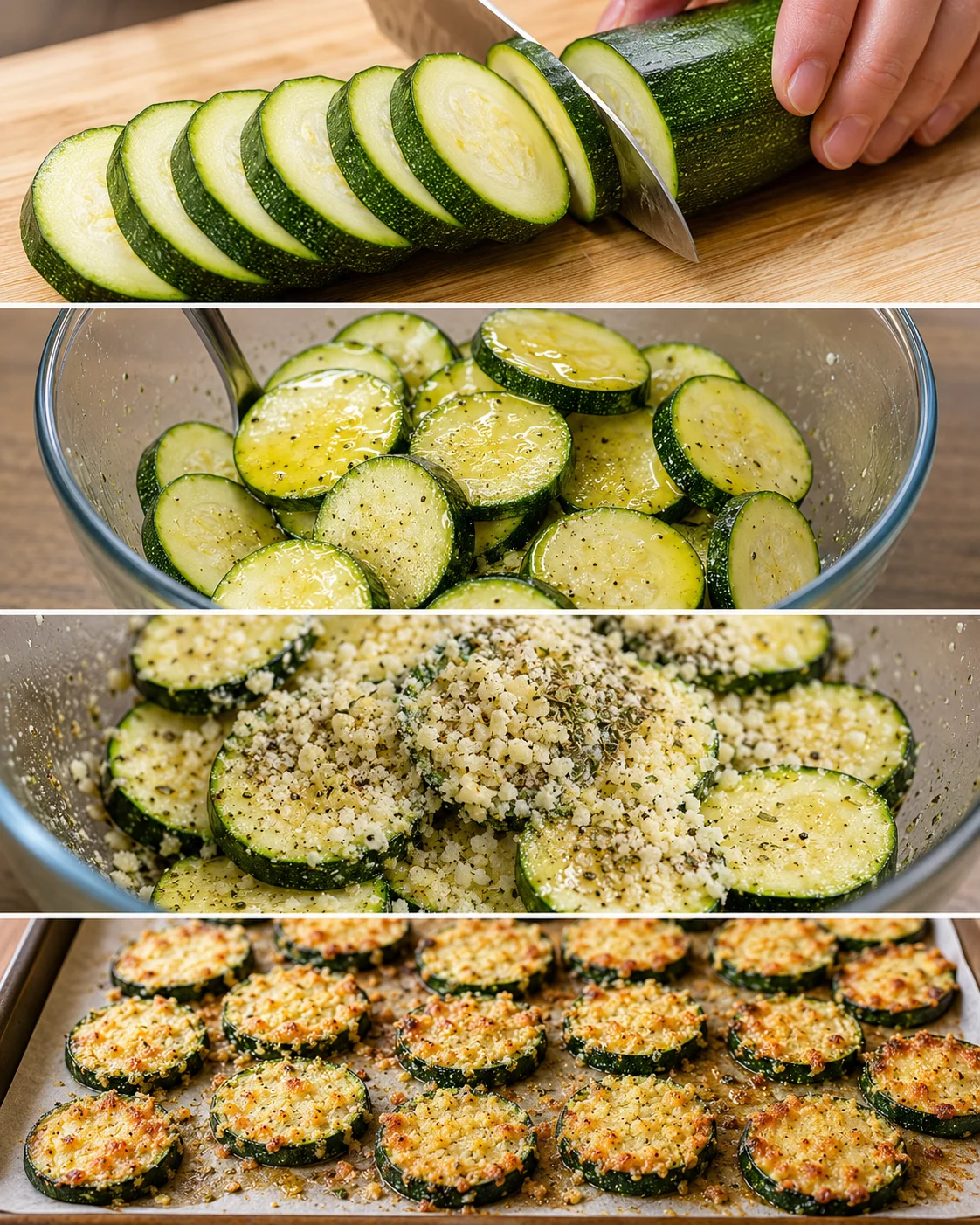 Slices of zucchini seasoned, coated, and baked to a crispy golden perfection.