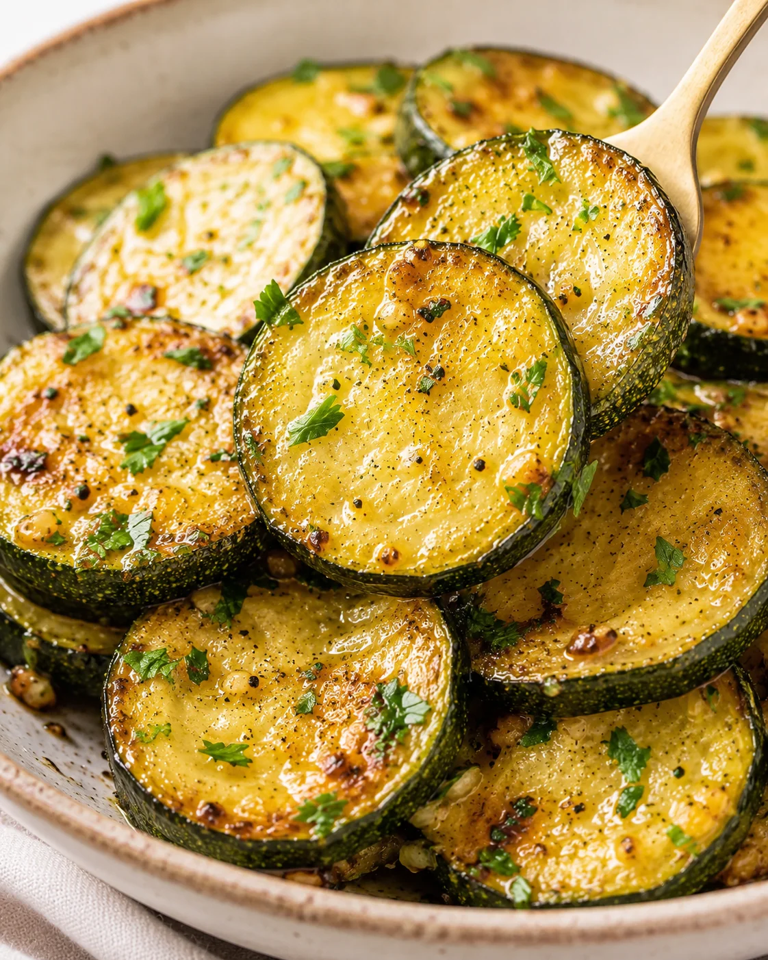 Tender and caramelized zucchini slices with garlic and herbs on a platter.