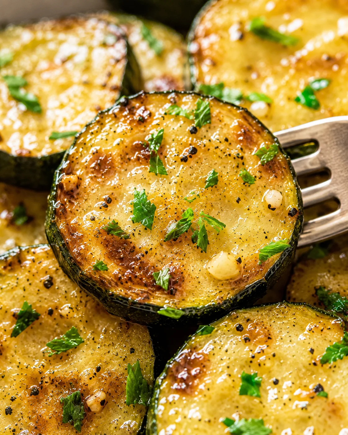 Tender, caramelized zucchini slices garnished with fresh herbs and garlic.