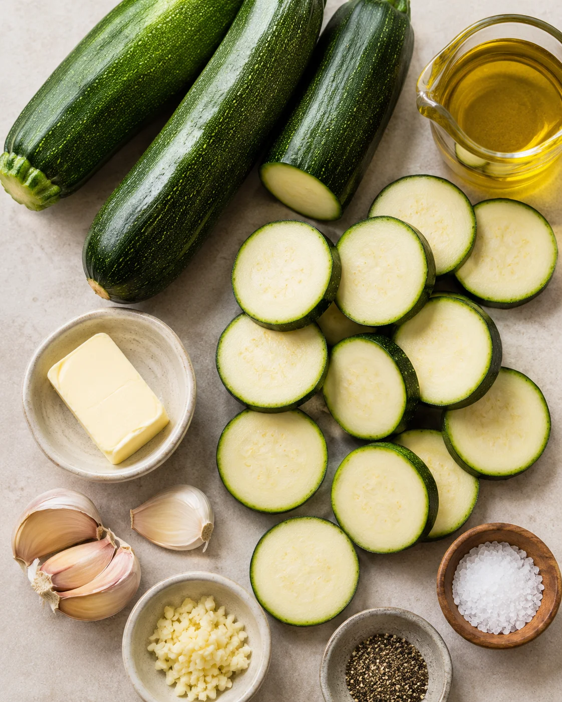 Fresh zucchinis sliced and ready to be sautéed with garlic and butter