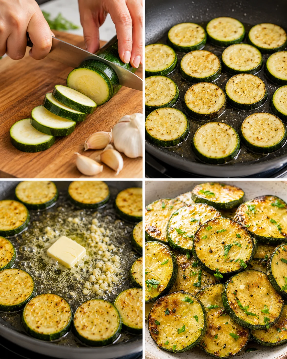 Slices of zucchini cooking in a skillet with garlic, butter, and seasoning