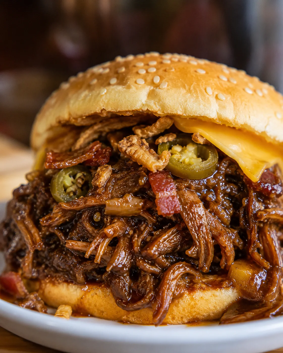 Hearty slow cooker cowboy beef served in a bun with bacon and jalapeños