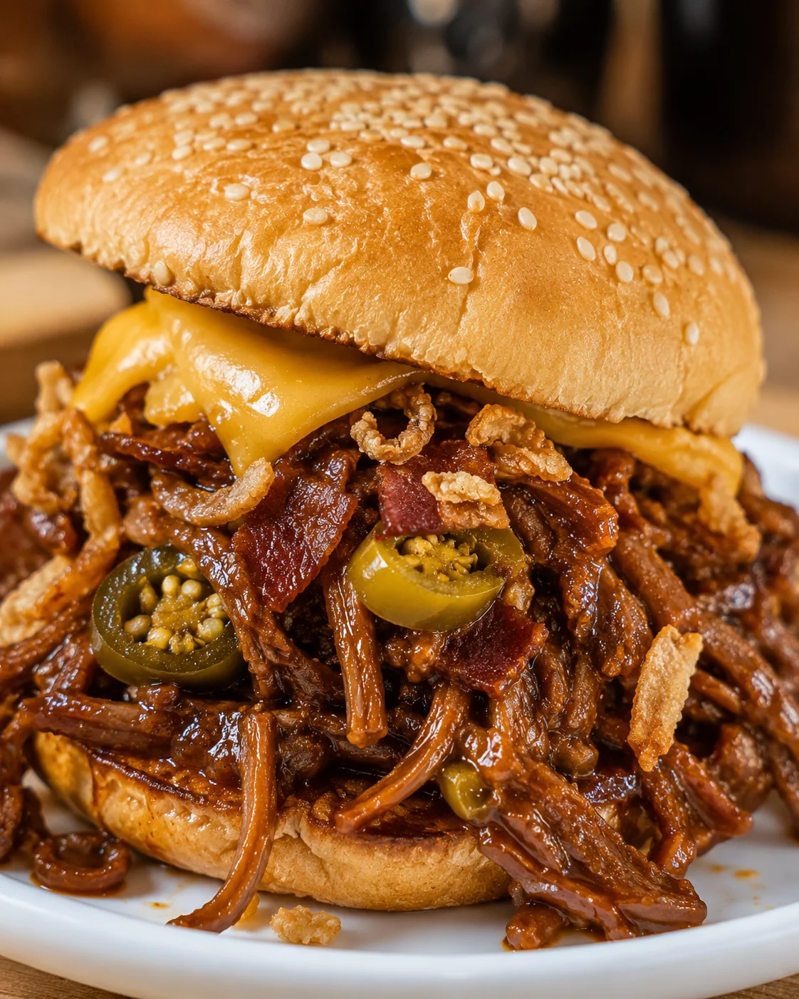 Delicious slow cooker cowboy beef served in a sandwich bun with toppings