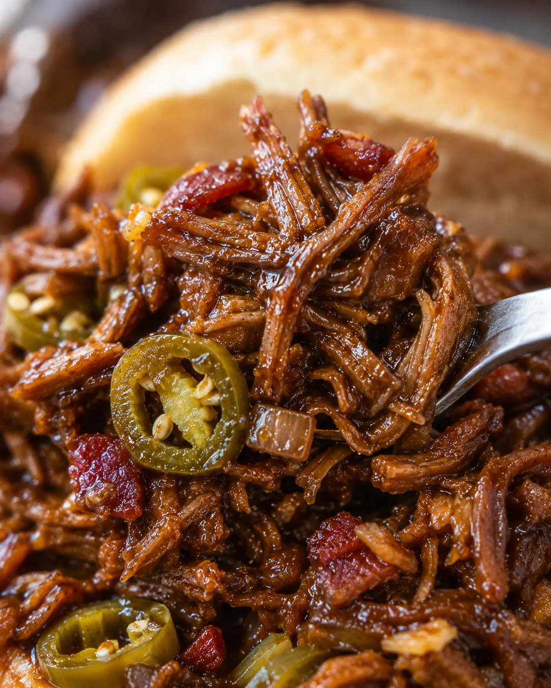 Tender, shredded beef with barbecue sauce, bacon, and jalapeños in a sandwich