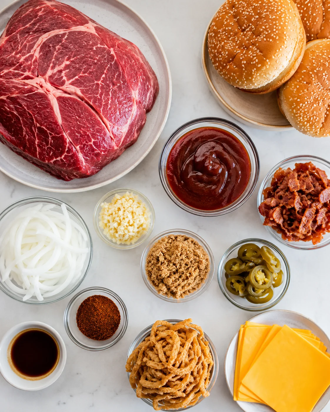 Mouthwatering slow cooker cowboy beef with barbecue sauce and bacon on a white surface