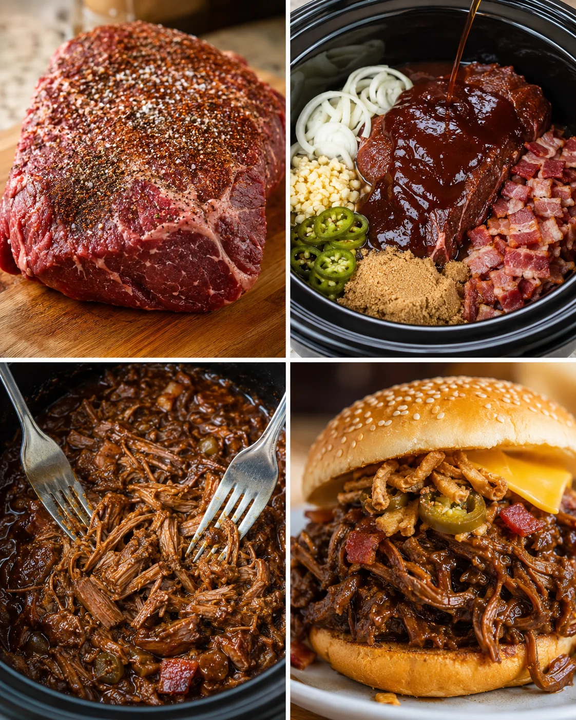 Tender shredded beef with barbecue sauce and bacon served on a sandwich.