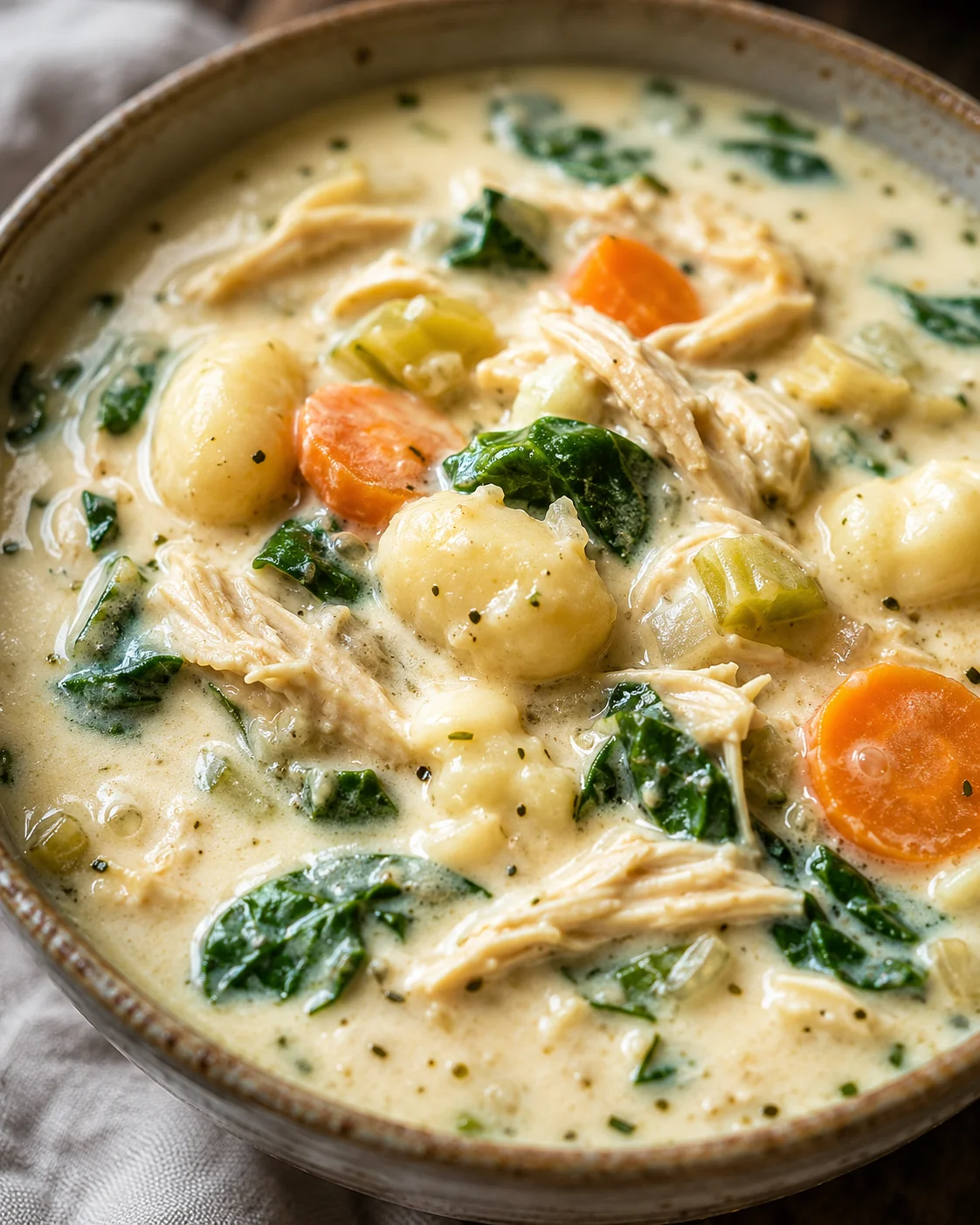 Close-up of a creamy chicken gnocchi soup with vegetables and shredded chicken in a bowl