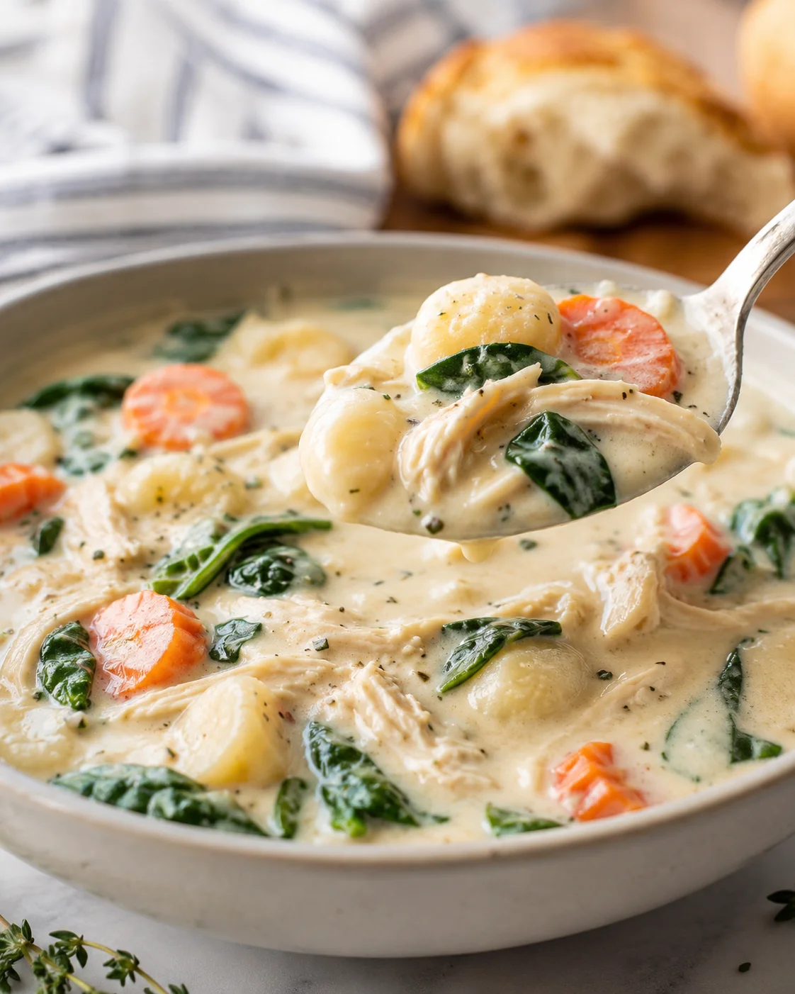 Hearty and creamy chicken gnocchi soup in a white bowl with vegetables and herbs.