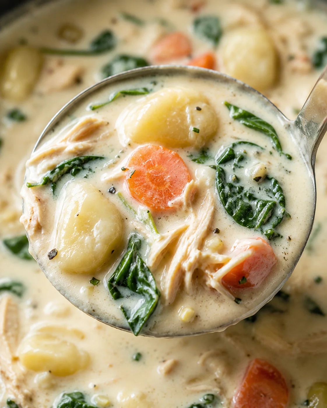 Close-up of a spoonful of creamy chicken gnocchi soup with vegetables and shredded chicken.