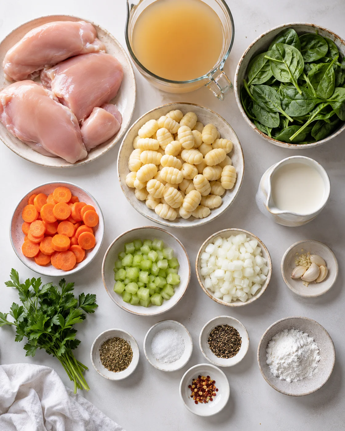 Ingredients for creamy crockpot chicken gnocchi soup including chicken, vegetables, and broth.