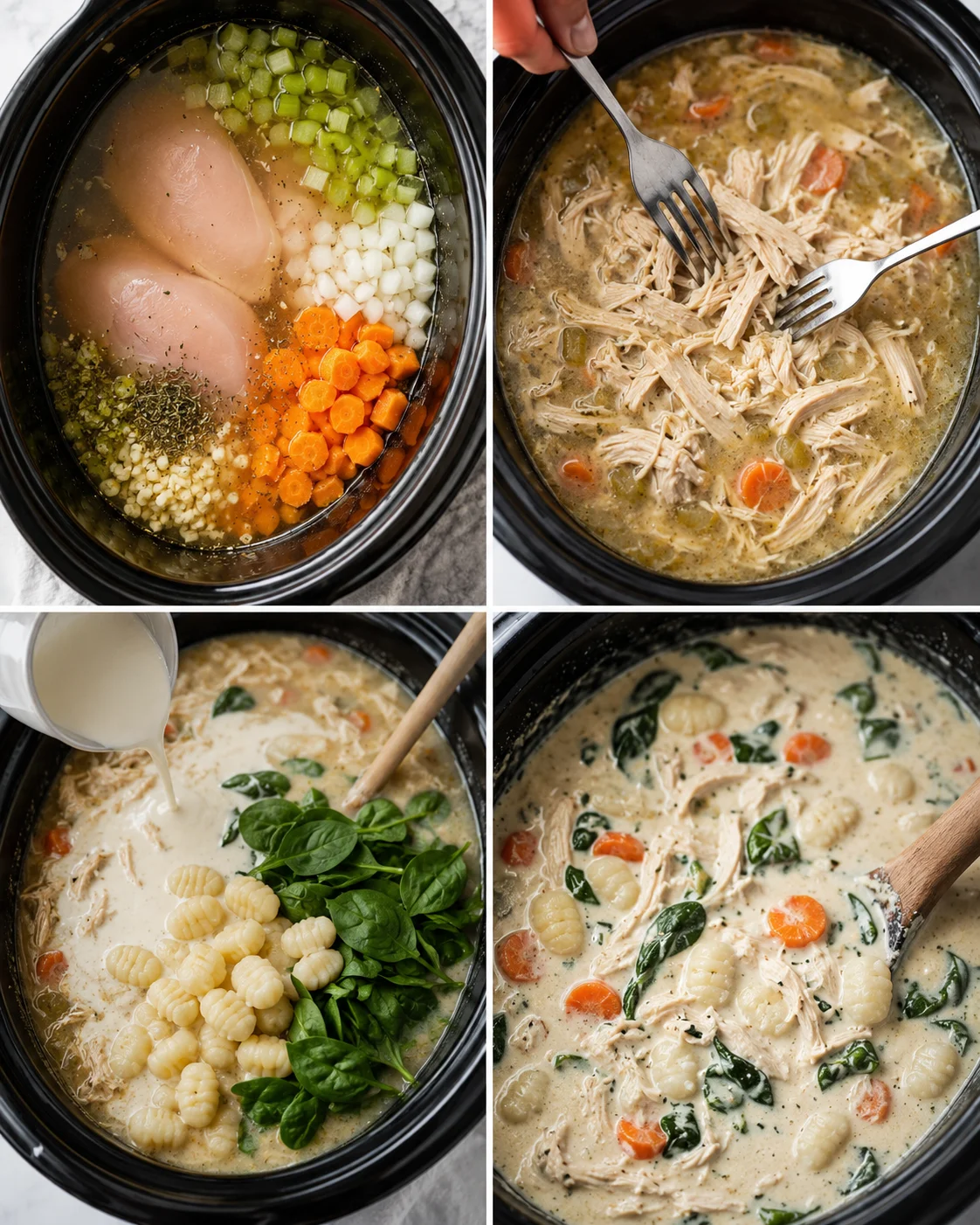 Steps showing chicken, vegetables, and cream being prepared in a slow cooker for soup