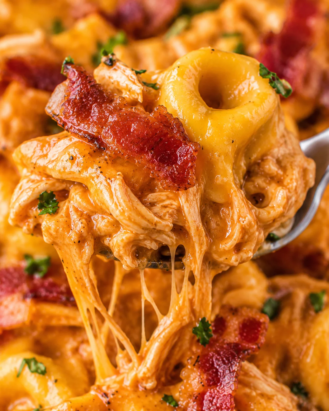 Close-up of cheesy BBQ bacon chicken tortellini with melted cheese and crispy bacon bits