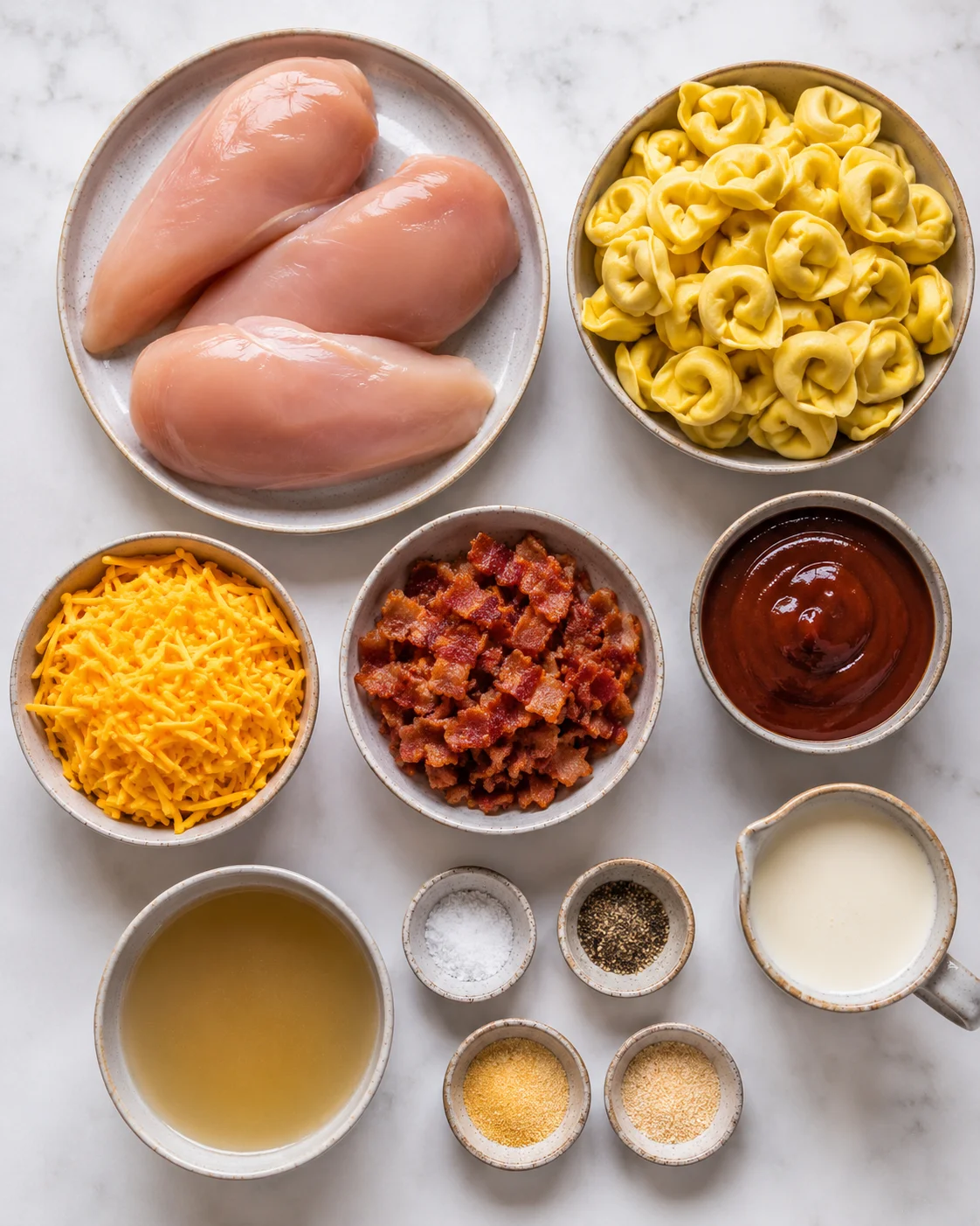 Ingredients for slow cooker cheesy BBQ bacon chicken tortellini displayed on a white surface.