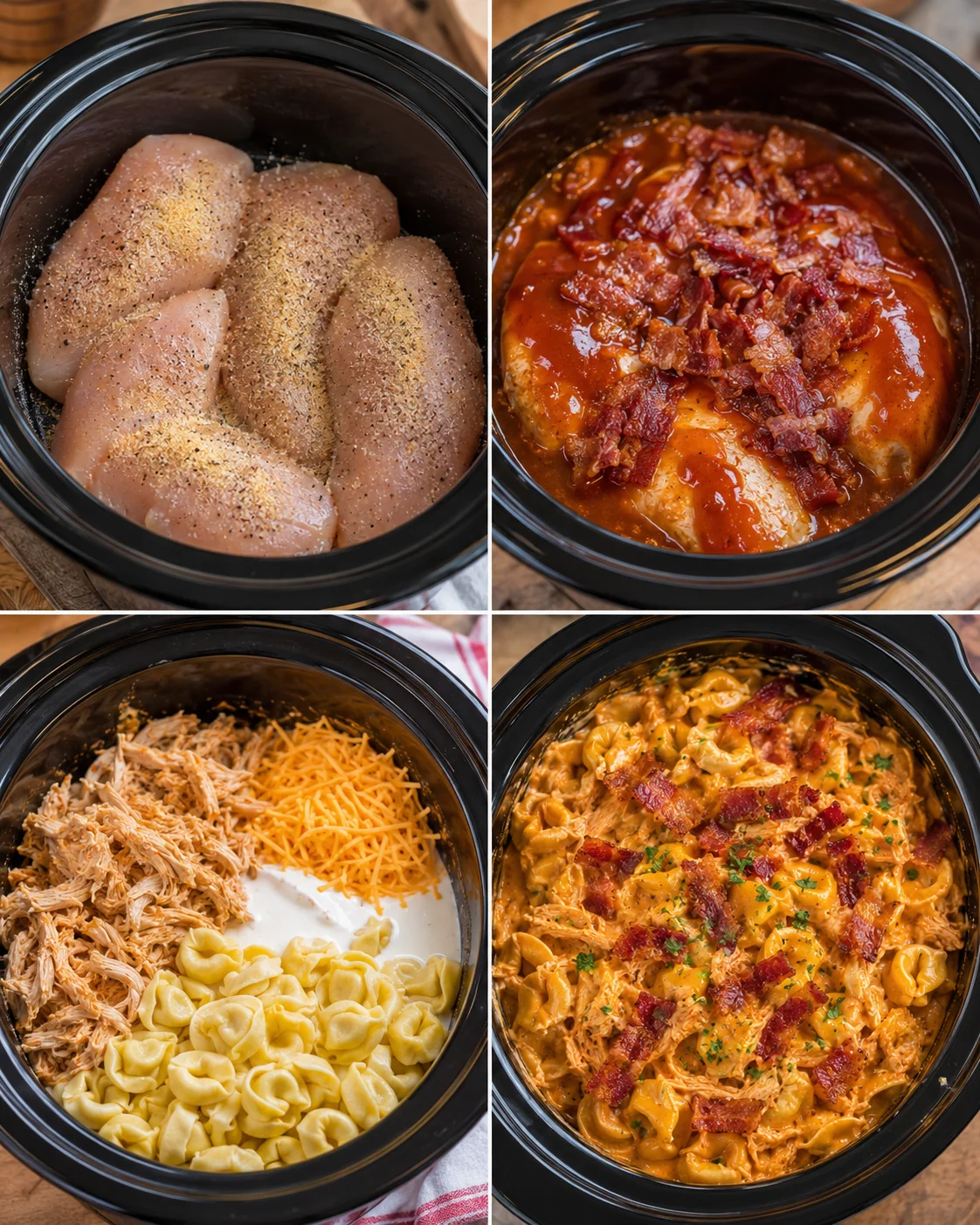 Delicious slow cooker cheesy BBQ bacon chicken tortellini with tender chicken and crispy bacon.