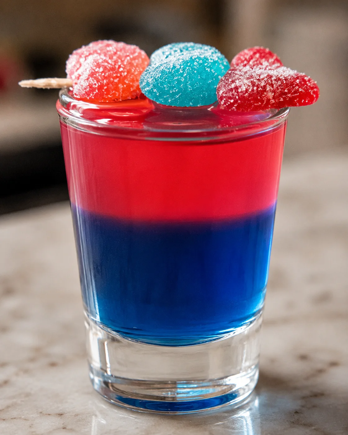 Colorful layered Jolly Rancher shot garnished with sour candies and bright colors