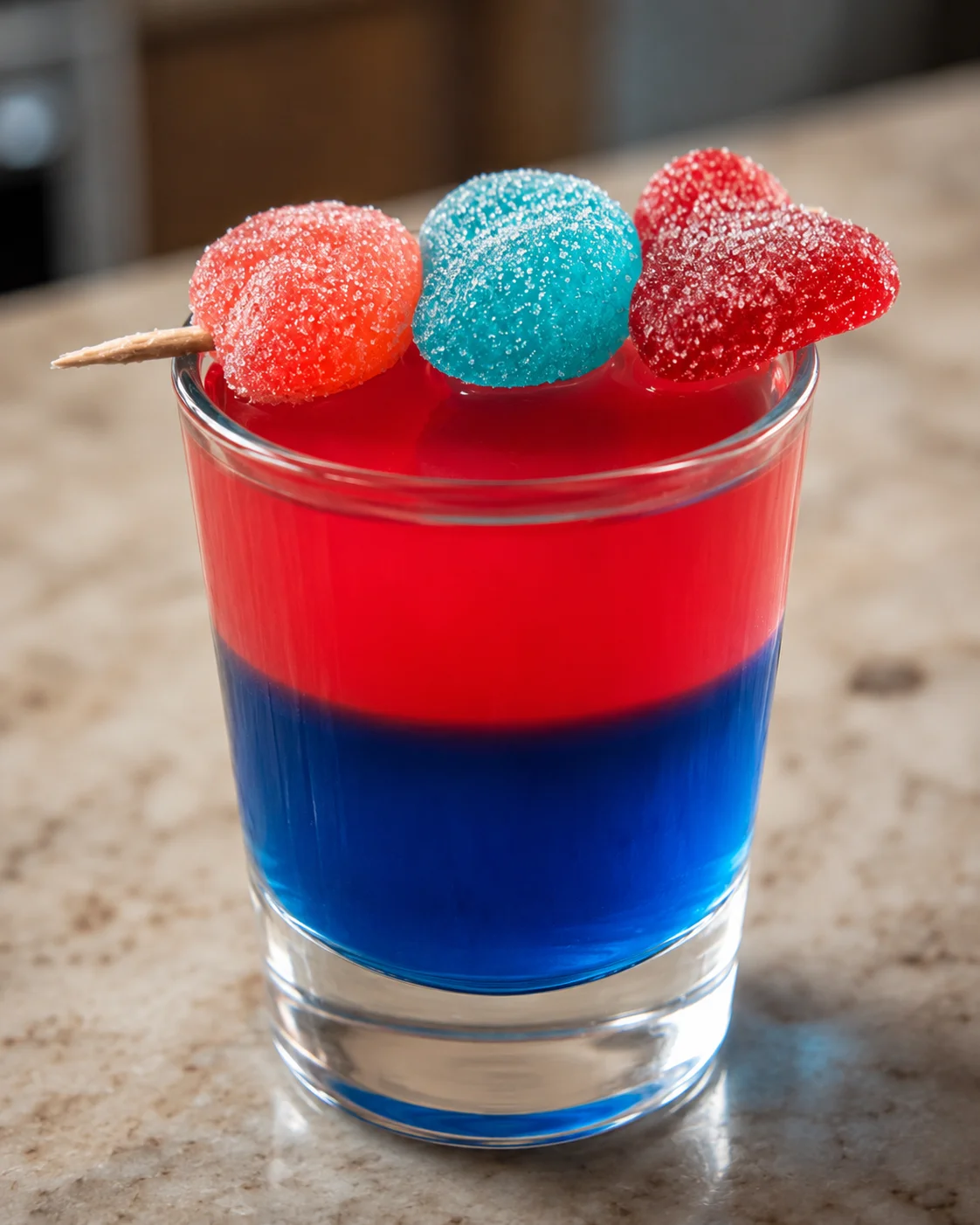 Vibrant layered shot with candy garnish and bright colors for parties