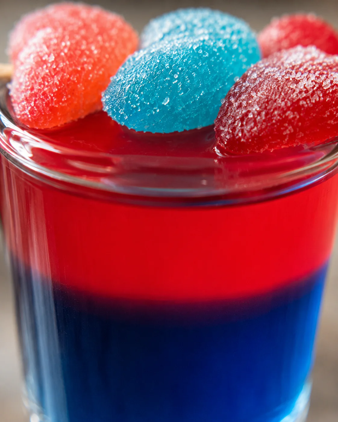 Colorful layered Jolly Rancher shot with vibrant candy garnish