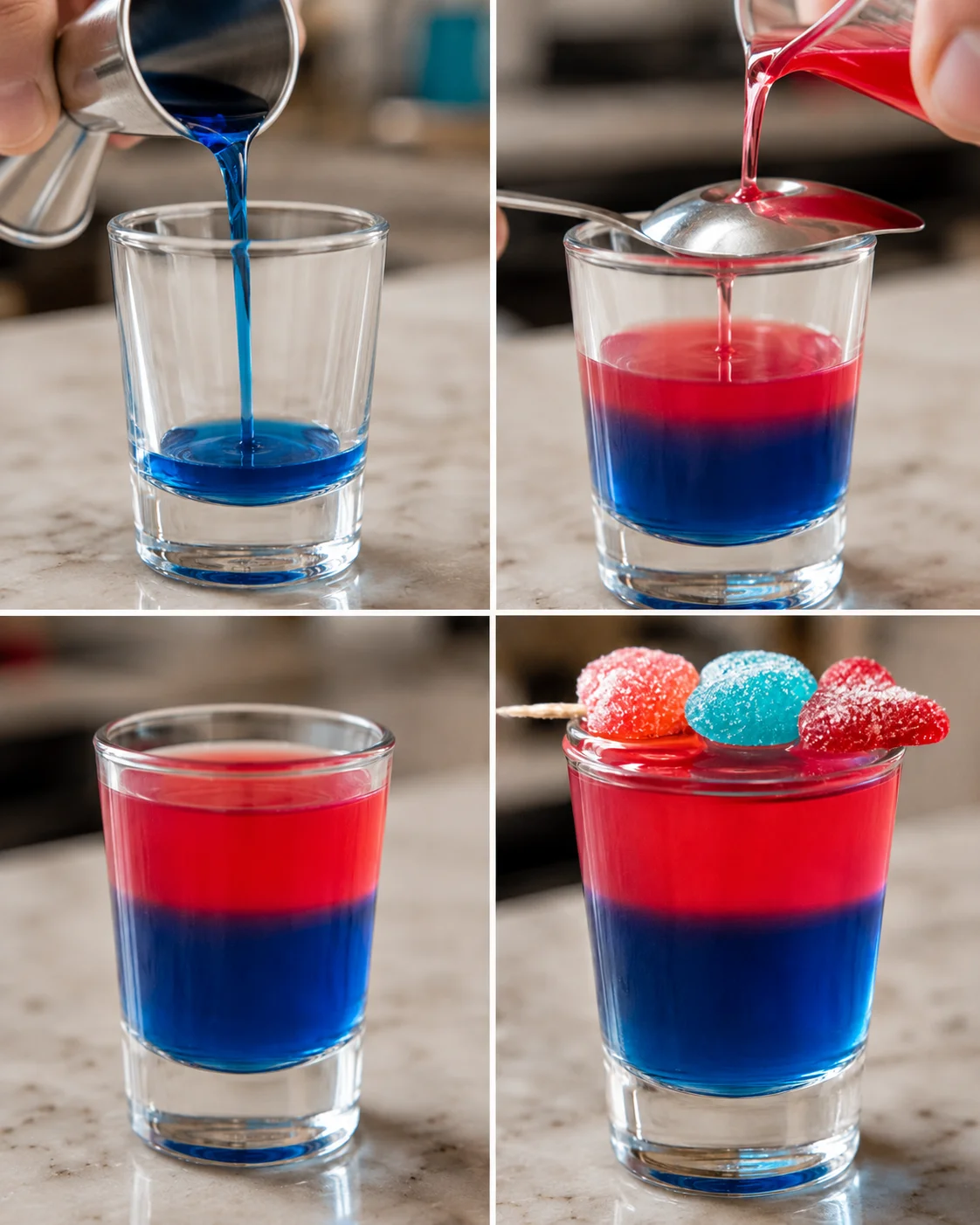 Vibrant layered Jolly Rancher shot with candy garnish and bright colors