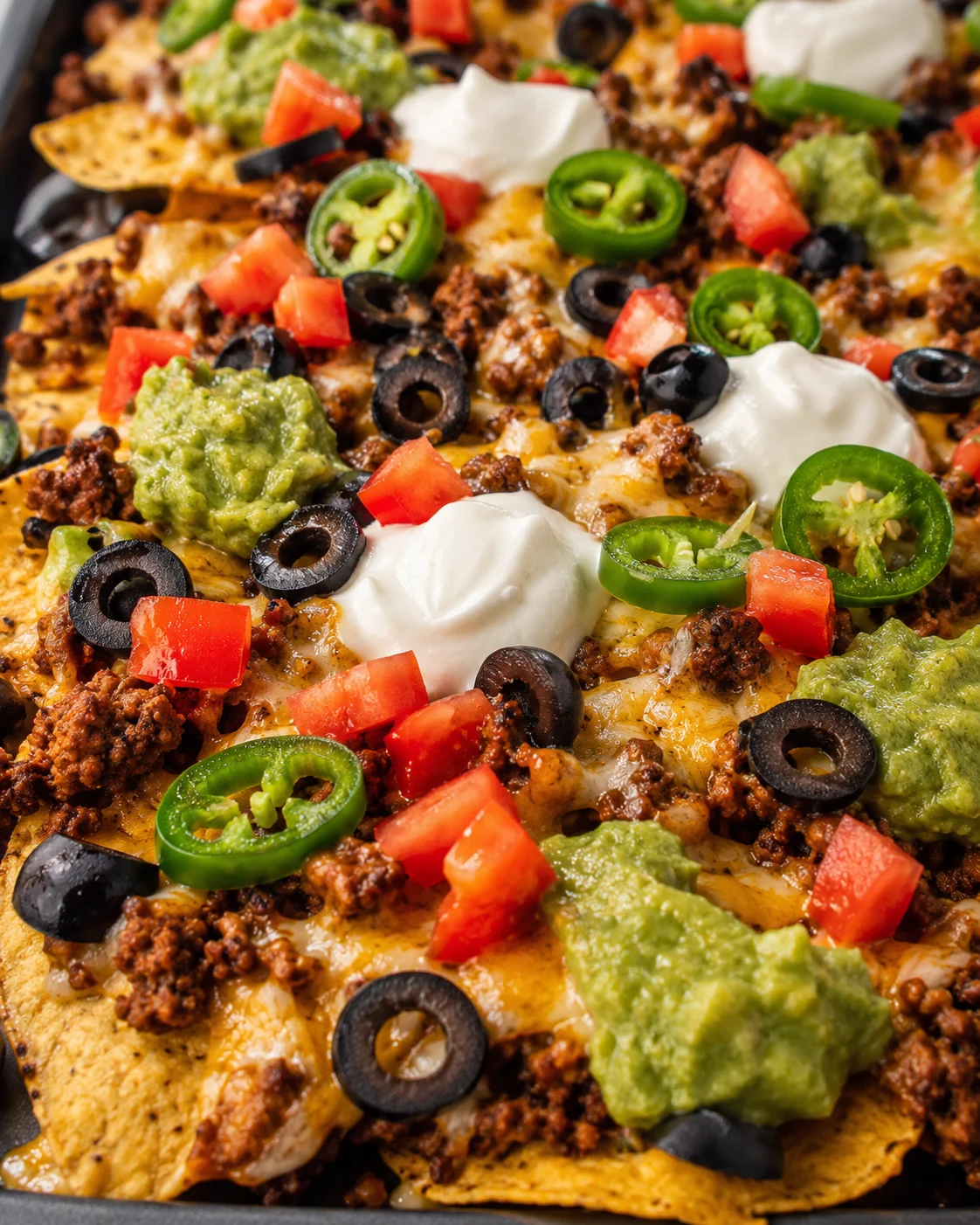 Close-up of colorful loaded sheet pan nachos with beef, cheese, and toppings