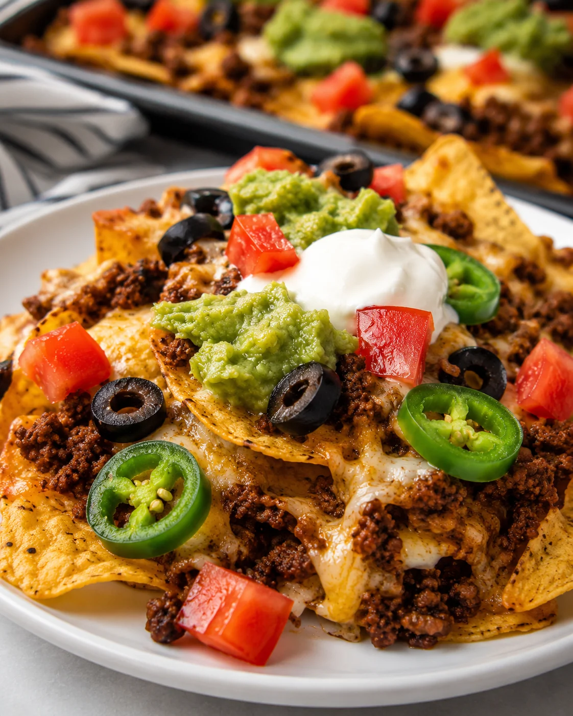 Close-up of loaded sheet pan ground beef nachos with toppings