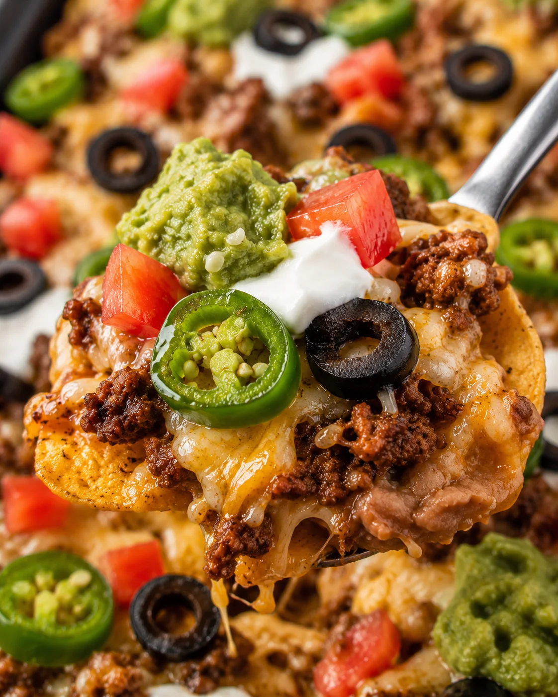Close-up of loaded beef nachos with cheese, salsa, and toppings on a sheet pan.