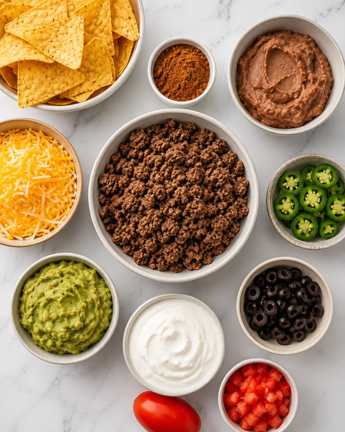 Loaded sheet pan nachos with seasoned beef, cheese, and fresh toppings.